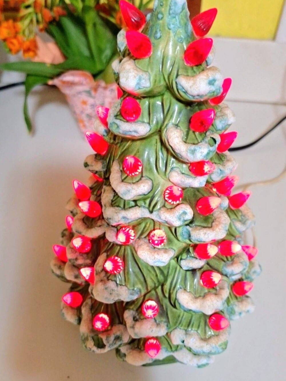 Ceramic Christmas Tree. Fired On Snow Red Lights Illuminate Up. Works Great 15"